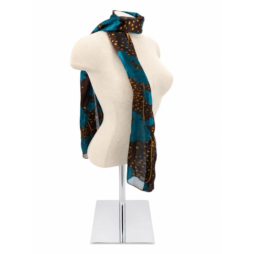 Unbranded Brown Blue Floral Abstract Polka Dot Scarf Sheer Satin Accessory